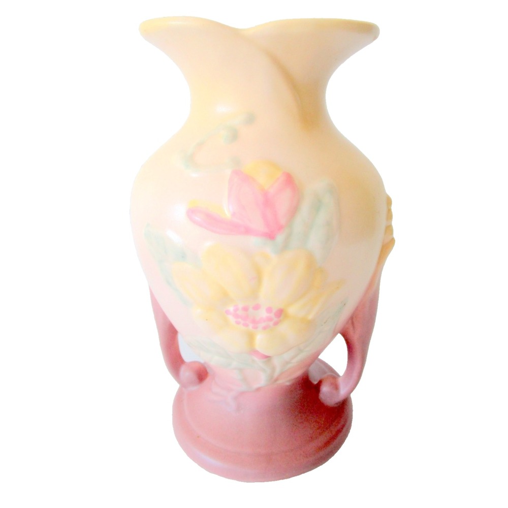Hull Magnolia Double Sided Handled Art Vase Pastel Matte 9" Vintage Pink Floral